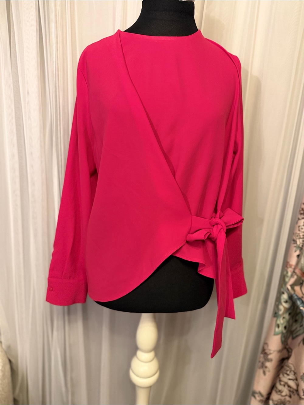 Zara Basic Hot Pink Wrap Tie Blouse Long Sleeve Size S Statement Top
